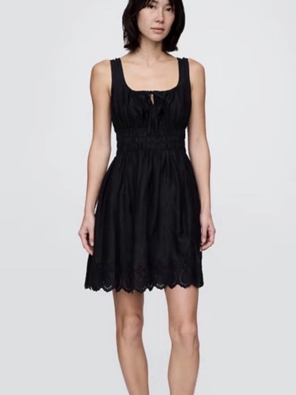 GAP black eyelet linen blend smocked mini black size XS